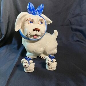 Shawnee Pottery Mugsy Dog Cookie Jar w/ Salt & Pepper Shakers AS IS REPAIRED BOW